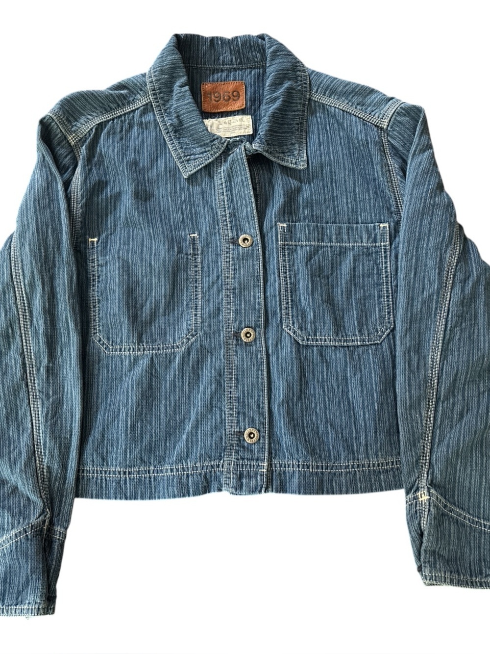 GAP 1969 cropped linen cotton pinstripe denim  jacket Size Large. Snap front.
